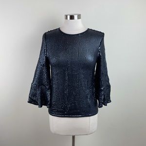 Trouve Black Blue Sequin Bell Sleeve Blouse Top Party Glam Women XS